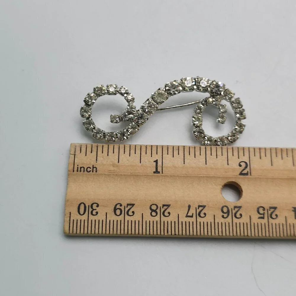 Vintage Clear Rhinestone Swirl Silver Tone Brooch Pin